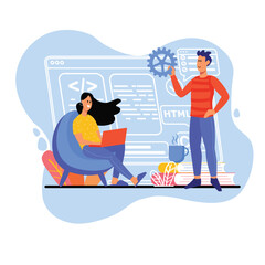 Blue concept Website development with people scene in the flat cartoon style. Two developers discuss settings for a new web site. Vector illustration.