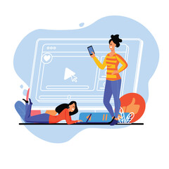 Video watch blue concept with people scene in the flat cartoon style. Two friends watch funny videos on YouTube. Vector illustration.