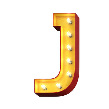 Light bulb glowing font, 3d alphabet character, 3d rendering, letter J