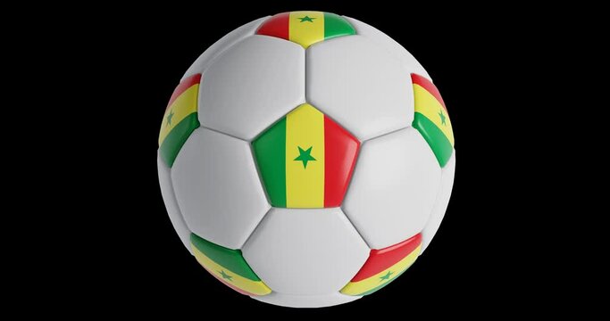 Soccer ball with flag of Senegal , black background loop alpha Trasparent 3D