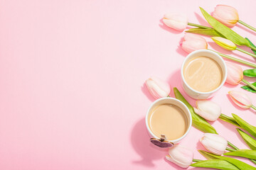 Valentine's Day romantic concept. Morning coffee, a bouquet of tulips, symbolic decor