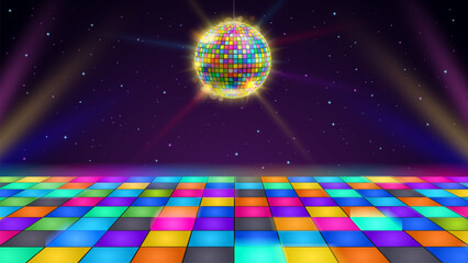 Disco dance floor. Retro party scene with LED squares grid glowing floor, disco ball and starry night sky vector background illustration