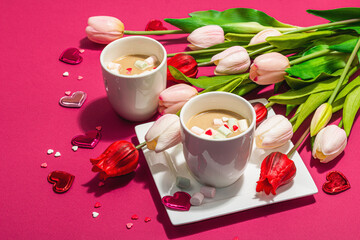 Valentine's Day romantic concept. Coffee with marshmallows, tulips flowers, traditional design