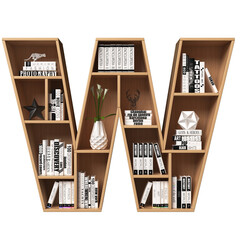 Bookshelves 3d font. Alphabet in the form of book shelves. Mockup font, 3d rendering. Letter W