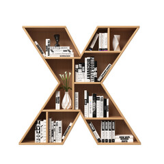 Bookshelves 3d font. Alphabet in the form of book shelves. Mockup font, 3d rendering. Letter X