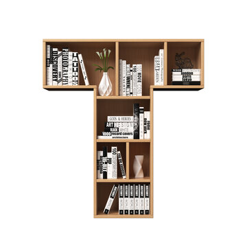 Bookshelves 3d font. Alphabet in the form of book shelves. Mockup font, 3d rendering. Letter T