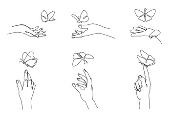 One line hands release butterflies. Hand with butterfly on finger, freedom and carefree summer hand drawn vector illustration set
