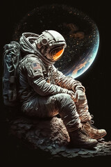 Fototapeta premium Man in astronaut suit sitting on the cracked stone with outer space and galaxy background. Photorealistic sci-fi spaceman. Generative AI illustration.