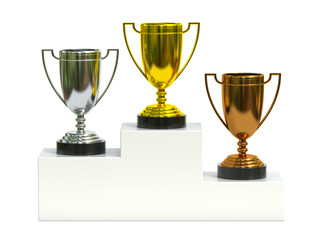 Golden, silver and bronce trophies on  champion podium, first, second and third prize 3d rendering