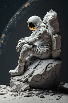 Man in astronaut suit sitting on the cracked stone with outer space and galaxy background. Photorealistic sci-fi spaceman. Generative AI illustration.