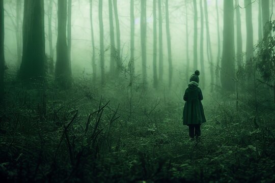 Antlered Deer Headed Girl In Alien Green Forest,wearing Compass Chains,real Life, Spooky, Creepy, Fog, Full Body,moody, Cinematic,