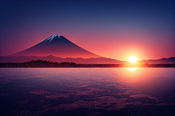 Fototapeta na wymiar Sunset illustration of Mount Fuji / Fugaku on the island of Honshu in Japan, digital art style, generative ai