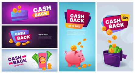 Cash back service banner. Money refund offer, shopping promotion flyer template and mobile shopping vector illustration set