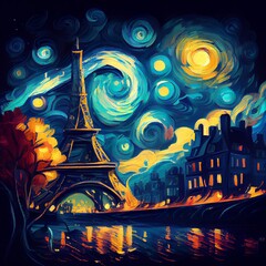 van Gogh style starry night with background as paris with eiffeltowerhd-denoise 