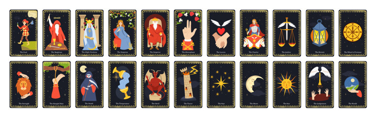 Major arcana tarot cards. Occult deck for divination with chariot, fool, magician and wheel of fortune vector set - obrazy, fototapety, plakaty