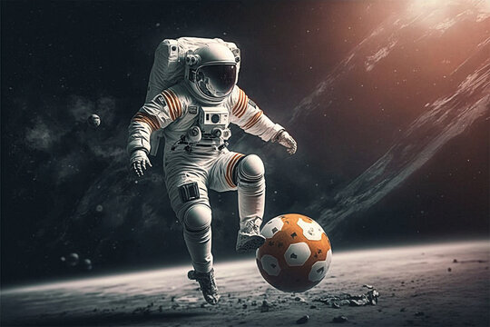 Astronaut playing soccer in empty space. Generative AI illustration