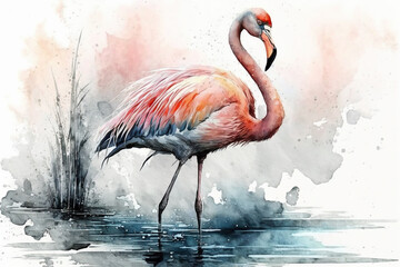 Pink Flamingo standing and water watercolor, Generative AI