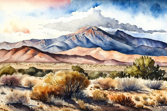 Mountain range landscape New Mexico watercolor, Generative AI