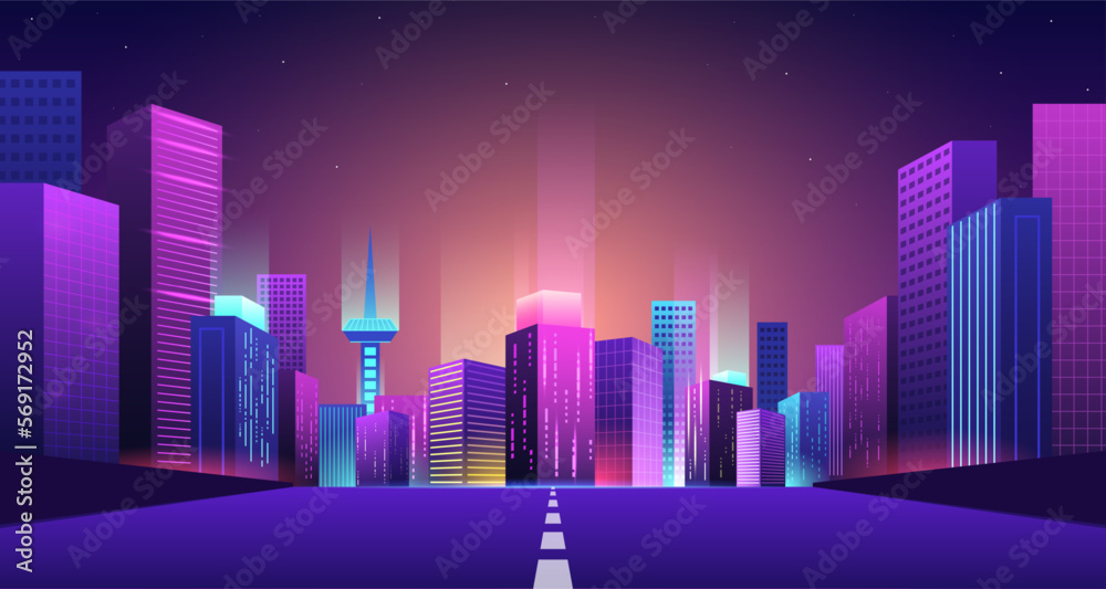 Wall mural road to futuristic city. bridge to night neon town, bright buildings with urban lights beam. highway