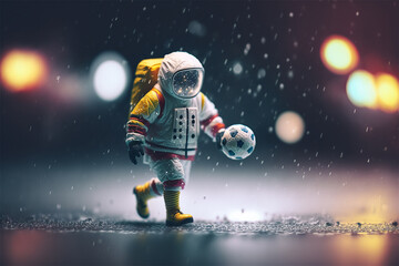 Astronaut playing soccer in rainy night. Tilt shift defocused photorealistic astronaut. Generative AI illustration
