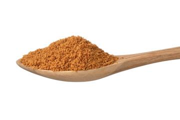 Golden palm sugar  on a wooden spoon isolated on white background