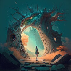 Fototapeta premium Exploring the Monoliths: A Woman Walks on a Branch and Looks at the Monoliths in the Forest, Generative AI