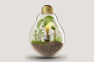 Plants growing inside a light bulb on isolated white background. Creative imagination idea thinking concept. Generative AI illustration.