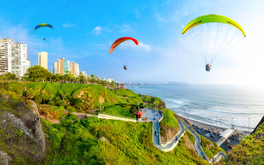 Miraflores boardwalk, a place of healthy recreation where paragliding is also practiced. Lima Peru