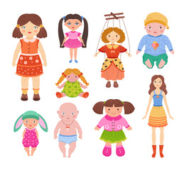 Cartoon dolls. Beautiful girl toy in dress, child baby and cute puppet doll isolated vector illustration set