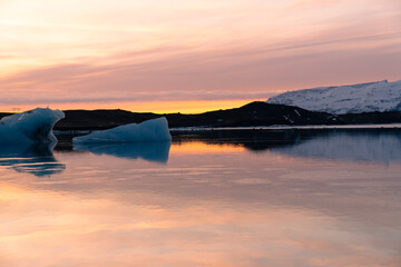 iceberg in the water, Floating Glaciers, beautiful pink sunset