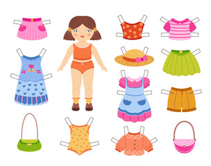 Cartoon paper doll. Cute girl toy with summer clothes collection for dress up, cut and play retro game vector illustration set