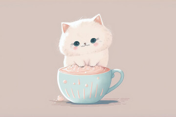 Illustration of a cute cat sitting behind the blue cup of hot chocolate with pink marshmallows isolated on a pastel light beige background. Generative AI