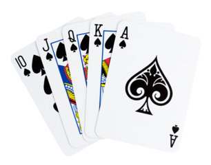 Royal flush playing cards isolated on transparent background. Png format	
