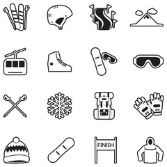 Snowboarding And Ski Icons. Line With Fill Design. Vector Illustration.
