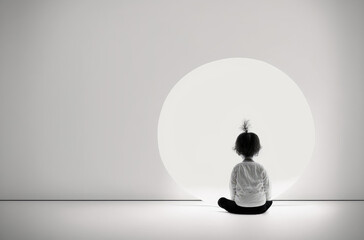 Horizontal back view image of a child sitting on a floor and looking at the white empty wall. Mockup. Copy space for your text. Children's day. Generative AI - 569174188