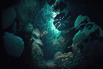 Dark Glowing Jungle Landscape, Immersive Glowing LIgning