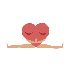 Cute feminine hearth shaped character in yoga pose isolated on white