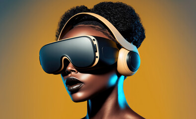Portrait of a American African woman in VR glasses and gold headphones, playing video games with a virtual reality headset and listening to music isolated on gold background. Generative AI
