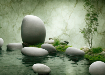Large therapy stones in an exclusive indoor spa with moss and green plants and a green marble wall in the background
