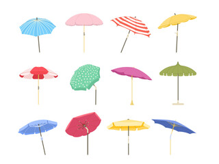 Cartoon beach umbrella. Sun protective outdoor large parasols with stripes, summer sunshade isolated vector illustration set