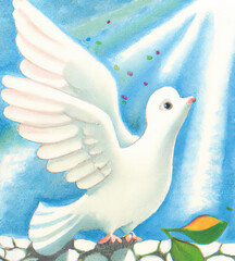 A white dove looking at sun rays, a painting