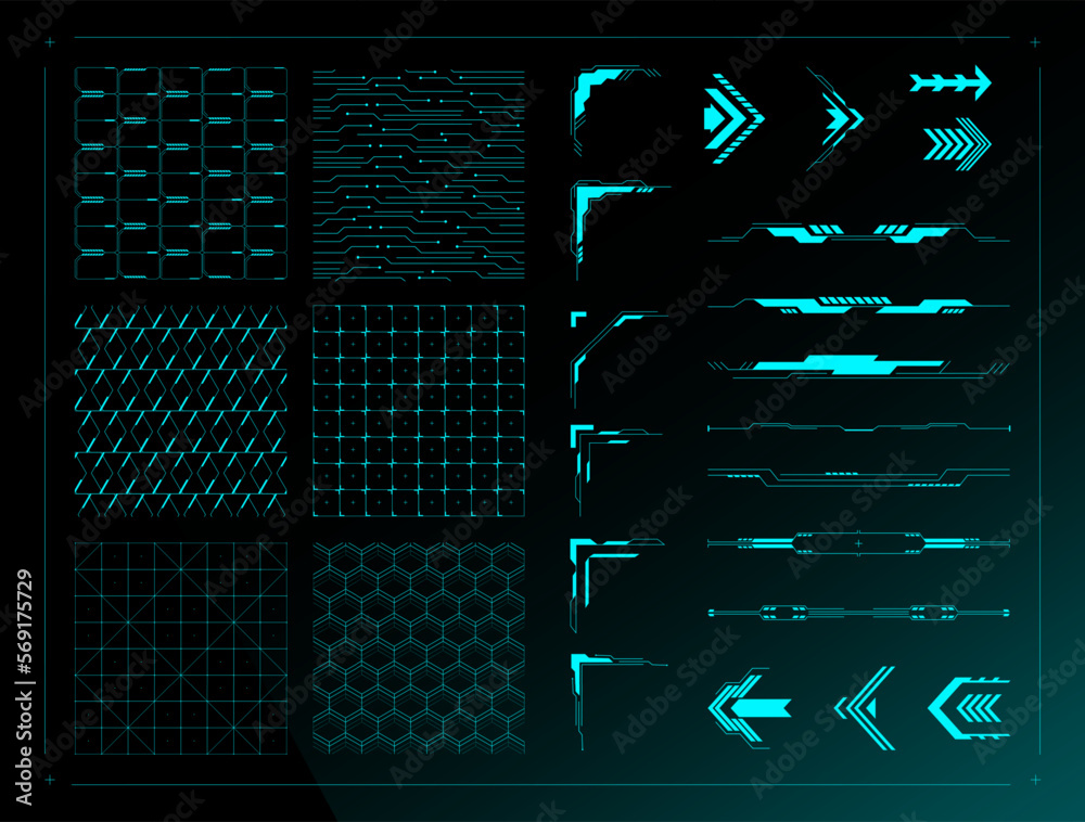Wall mural sci fi ui design elements. cyberpunk grid background textures, futuristic divider borders, abstract 