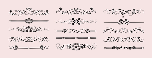 Gothic rose dividers. Gothcore borders with vintage calligraphic flourish and rose flowers decorative vector set
