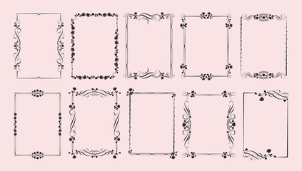 Gothic rose frames. Gothcore borders with flowers, leaves and spikes of roses. Elegant decorative flourish design elements vector set © WinWin