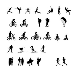 Set of sport silhouettes isolated on white background. Cycler, yoga, climber, backpacker, paraglider, runner, surfer, cross country skier.