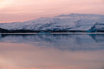 iceberg in the water, Floating Glaciers, beautiful pink sunset