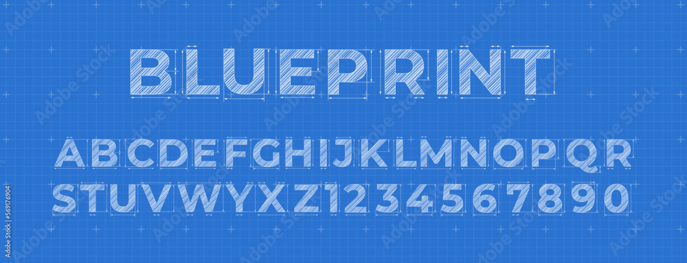Fototapete blueprint lettering. construction engineer font, architectural alphabet letters and numbers on blue 