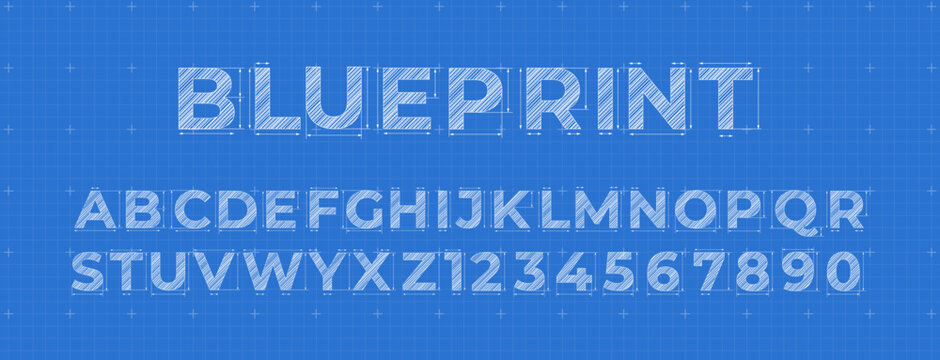 Blueprint lettering. Construction engineer font, architectural alphabet letters and numbers on blue measurement grid background. Vector symbols set