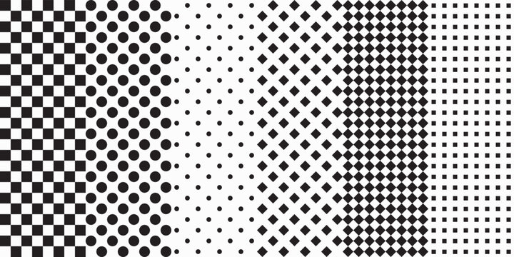 Set of six simple and black and white patterns. Set of polka dots and checkers. Vector print for surface application, can be seamless.