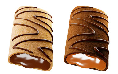 Crispy biscuit with chocolate cream filling. 3d illustration. Isolated on background. Caramel filling. Delicious snack food.